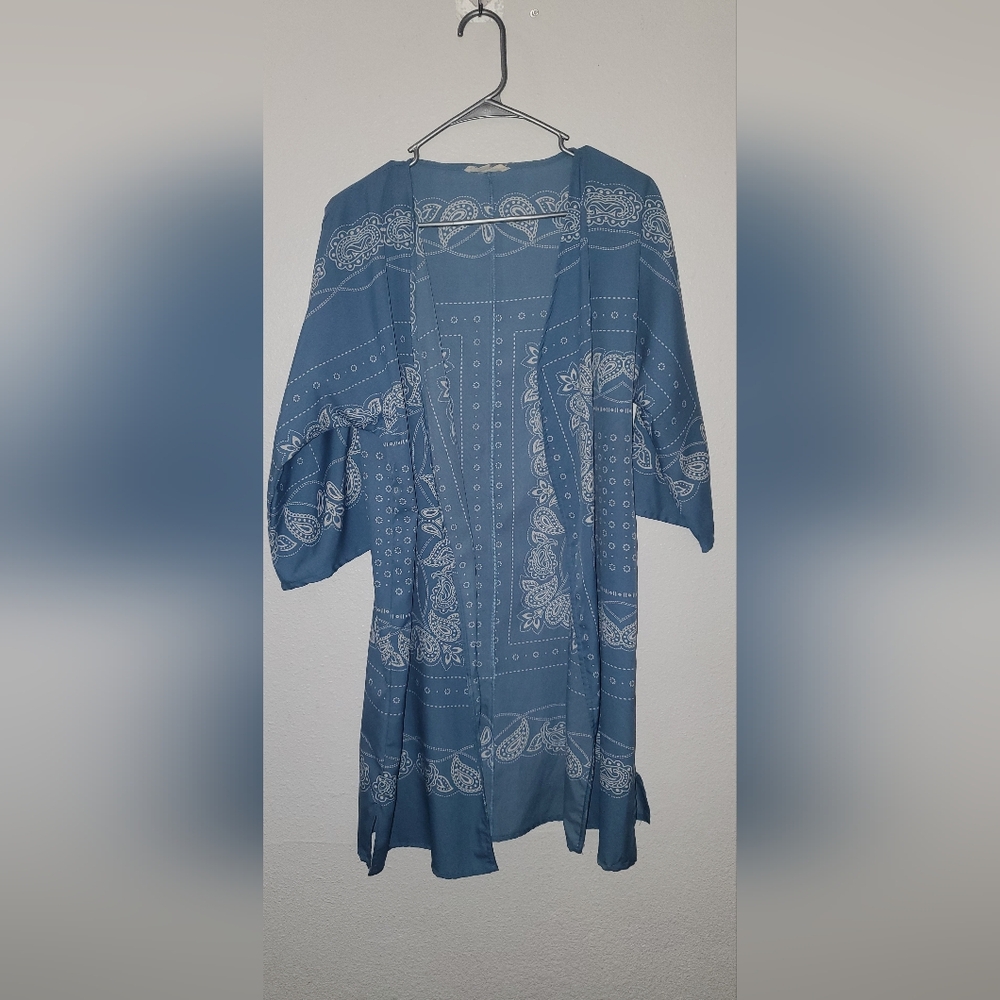 Blue Kimono with White Paisley Pattern